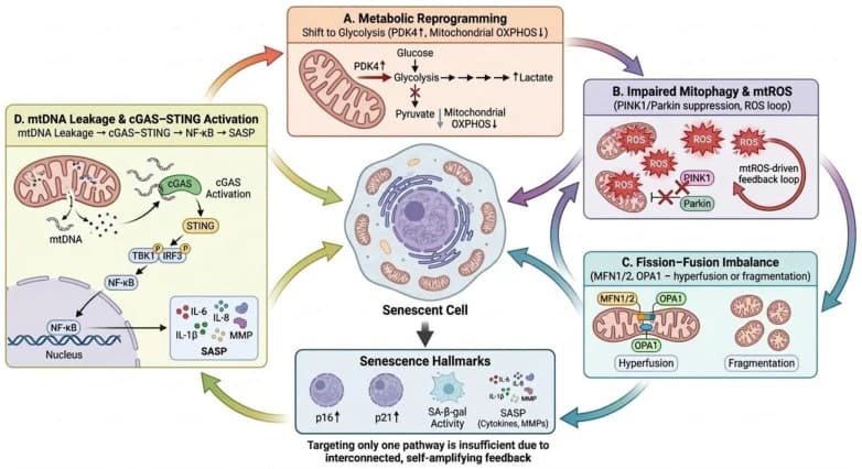 Figure 1. Mitochondrial dysfunction as a central hallmark of cellular senescence.