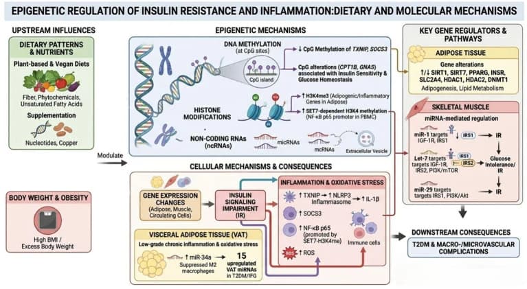 Figure 1. Epigenetic mechanisms regulating IR and glucose metabolism through DNA methylation, histone modifications, and microRNA signaling.
