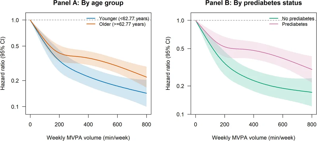 Figure 1. Dose–response association between weekly MVPA volume and incident type 2 diabetes by age group and prediabetes status.