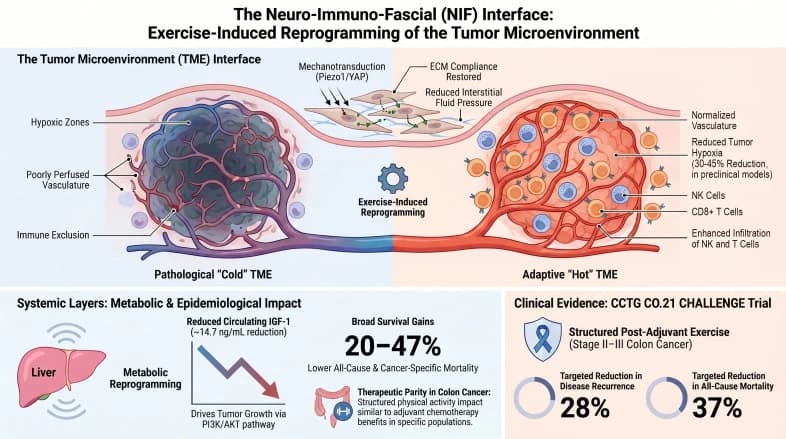 Figure 1. Graphical abstract. The Neuro-Immuno-Fascial (NIF) Interface: a conceptual model of exercise-associated tumor microenvironment adaptation.