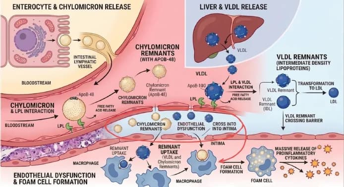 Figure 1. This schematic illustrates the metabolism of chylomicrons and VLDL into TRL remnant particles and their contribution to atherogenesis.
