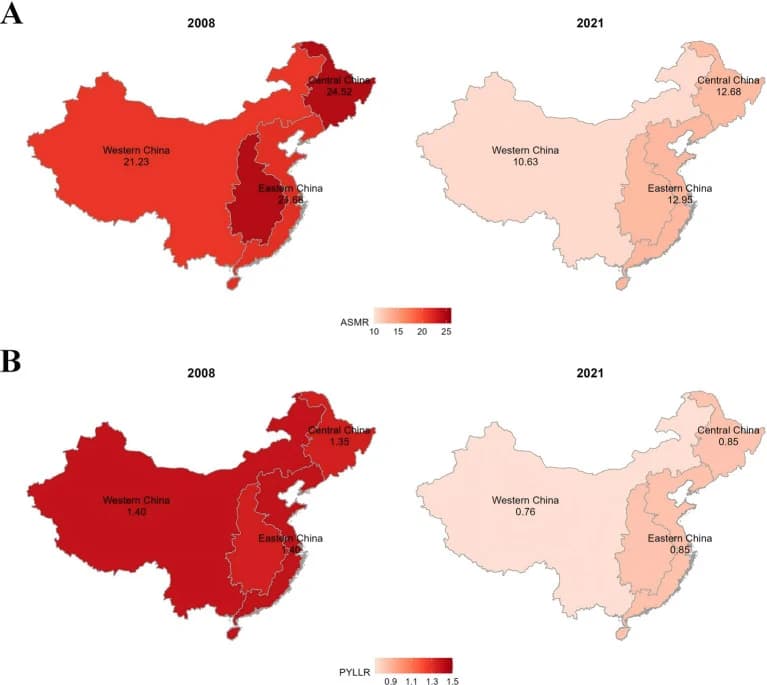 Figure 1. Spatial distribution of gastric cancer ASMR and PYLLR in mainland China, 2008 vs 2021.