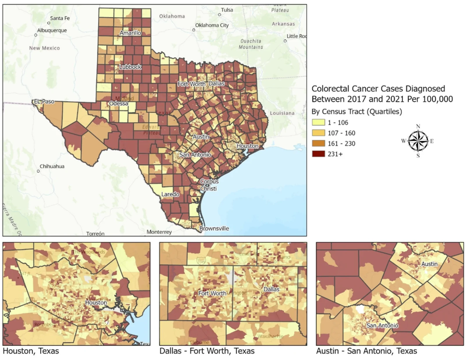 Figure 1. Colorectal Cancer Cases Diagnosed Between 2017 and 2021 Per 100,000 People, By Census Tract.