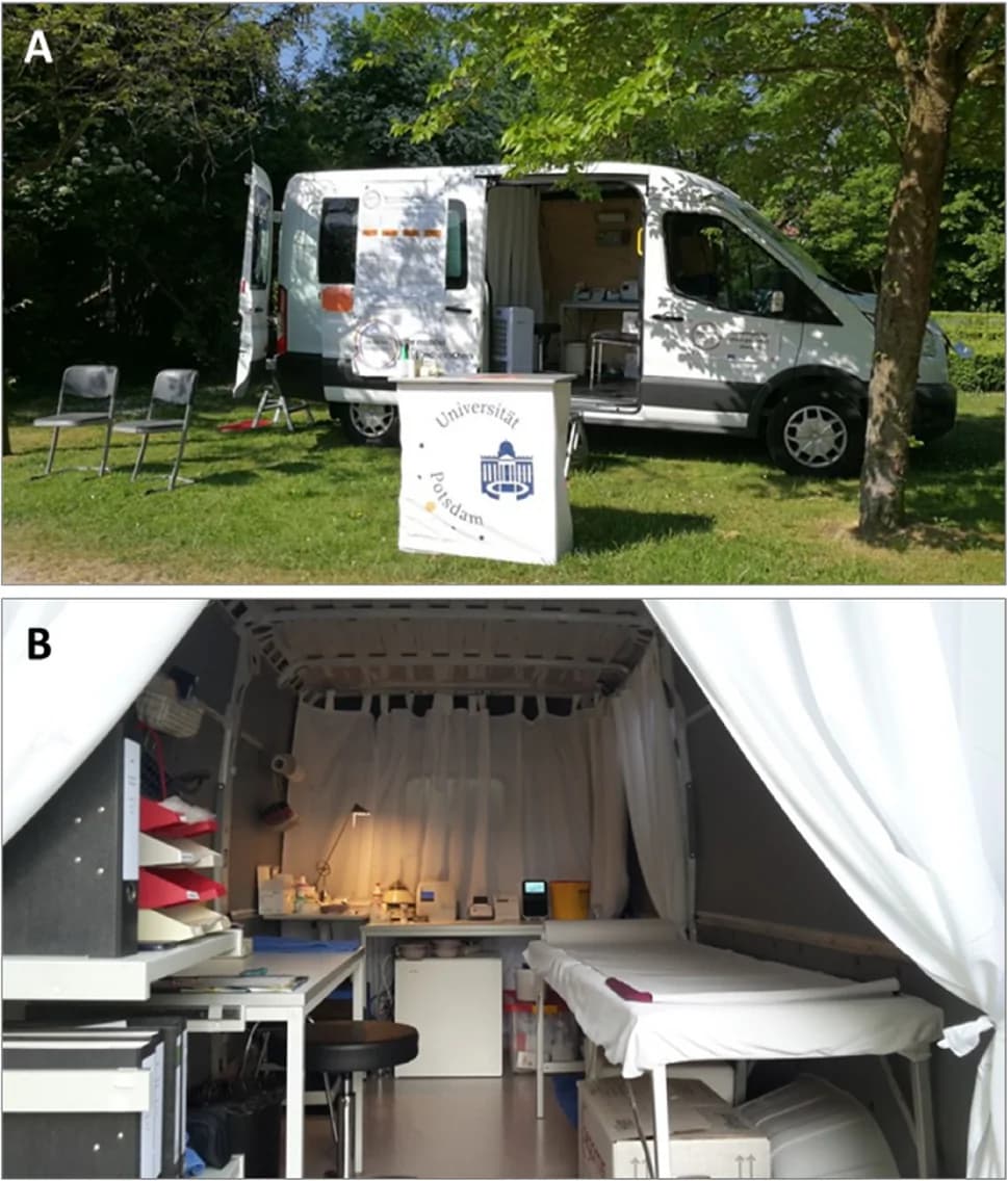Fig. 1. Mobile examination unit (A) equipped with tables, stools, shelves, curtains, laboratory materials and measuring instruments including portable point-of-care-analyzers (B)