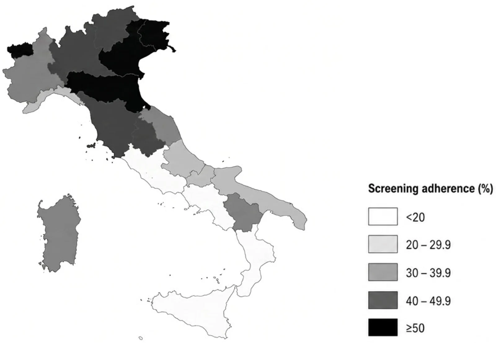 Figure 1. Geographic distribution of organised colorectal cancer screening adherence across Italy.