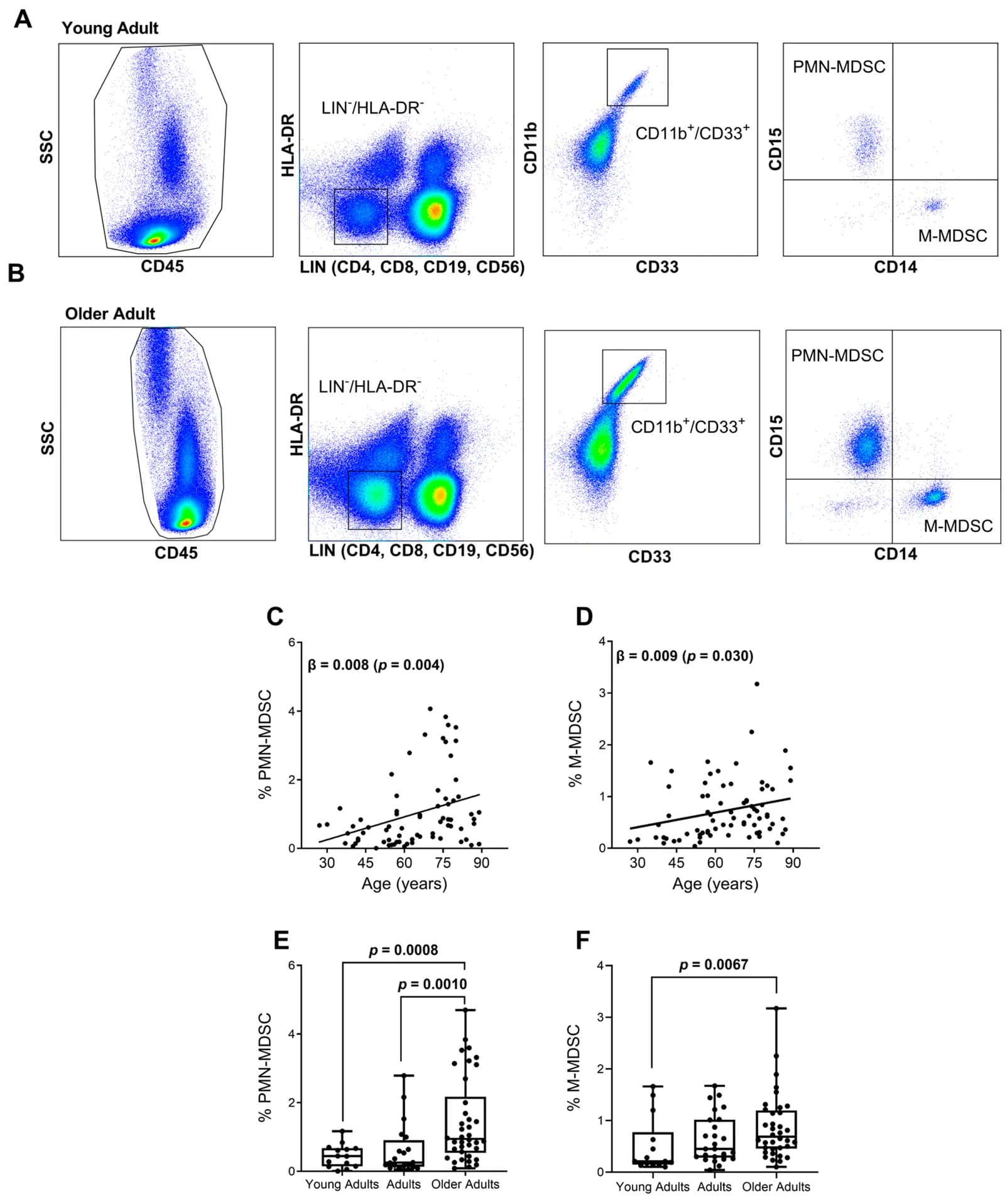 Figure 1. PMN-MDSCs and M-MDSCs are increased with age.