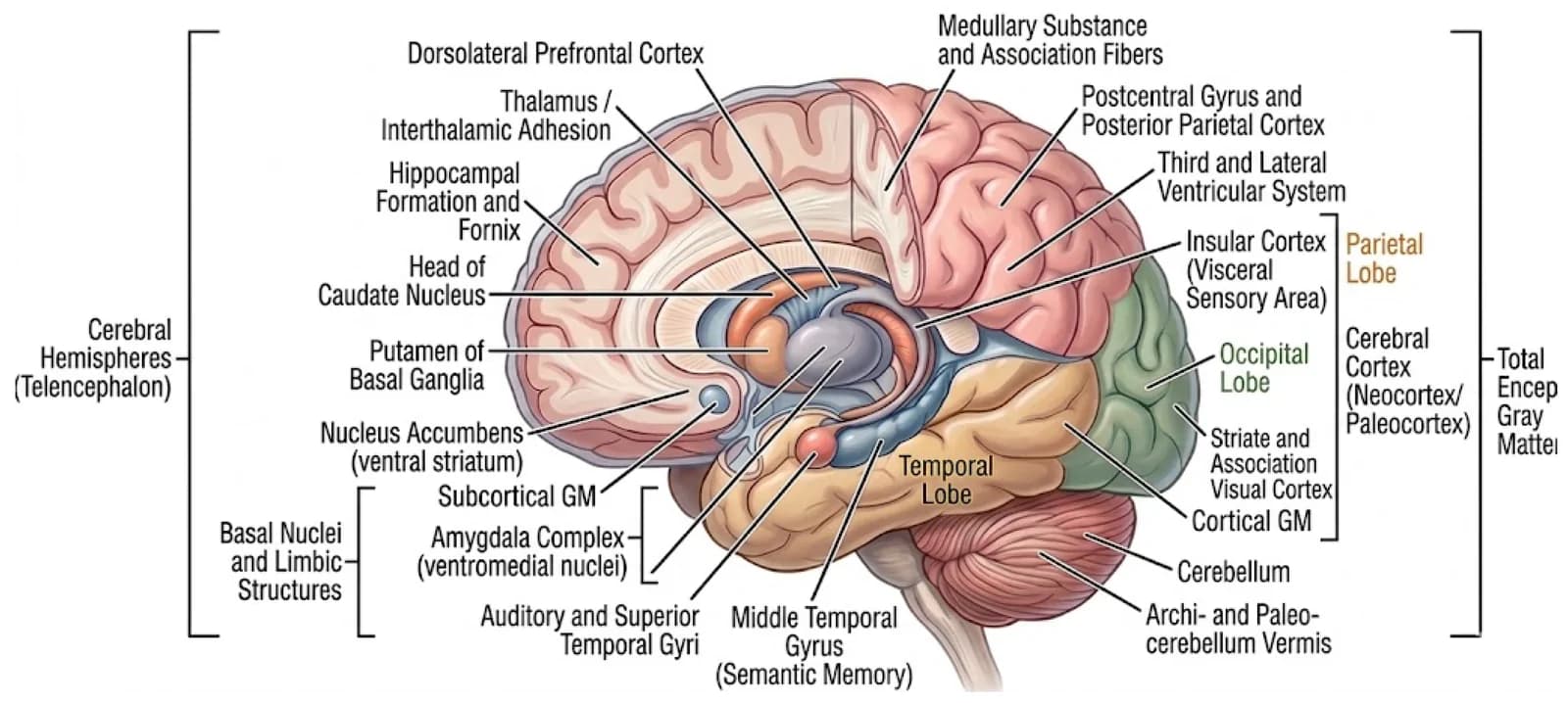 Figure 1. Anatomical representation of the 19 pre-specified regions of interest.