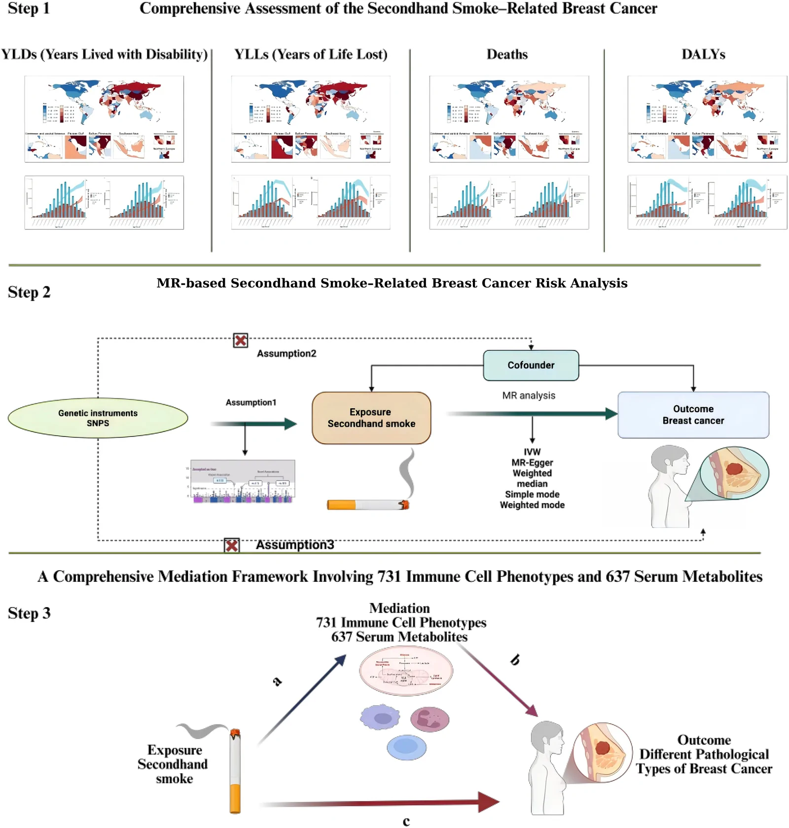 Figure 1. Study design. Significance of the alphabetical indicator: a: Exposure to mediator effect: genetically predicted secondhand smoke exposure – each candidate immune-cell phenotype of serum metabolite…