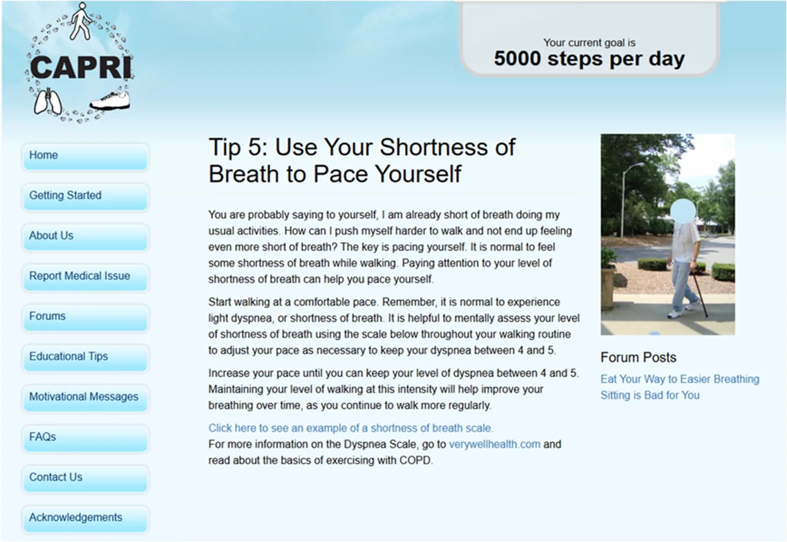 Figure 1. Example of website content which instructs participants to adjust their walking pace to maintain their breathlessness between 4 and 5 on the modified Borg rating scale for dyspnea.