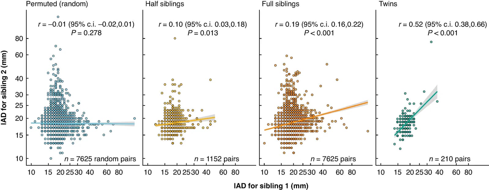 Figure 1. Correlation of infrarenal aortic diameter between related individuals.