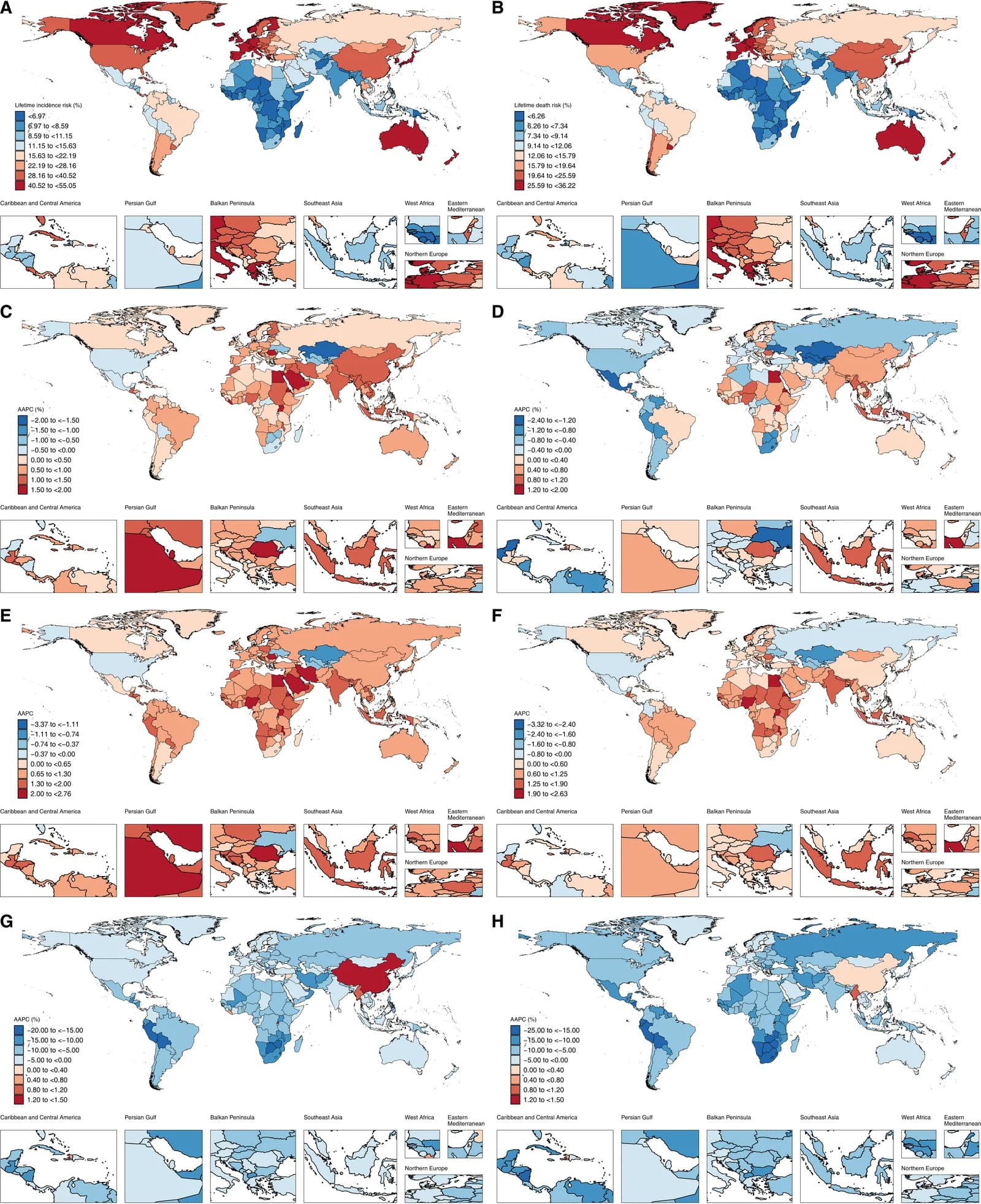 Fig. 1. Lifetime risks and temporal trends of developing and dying from cancer at the national level for both sexes combined.
