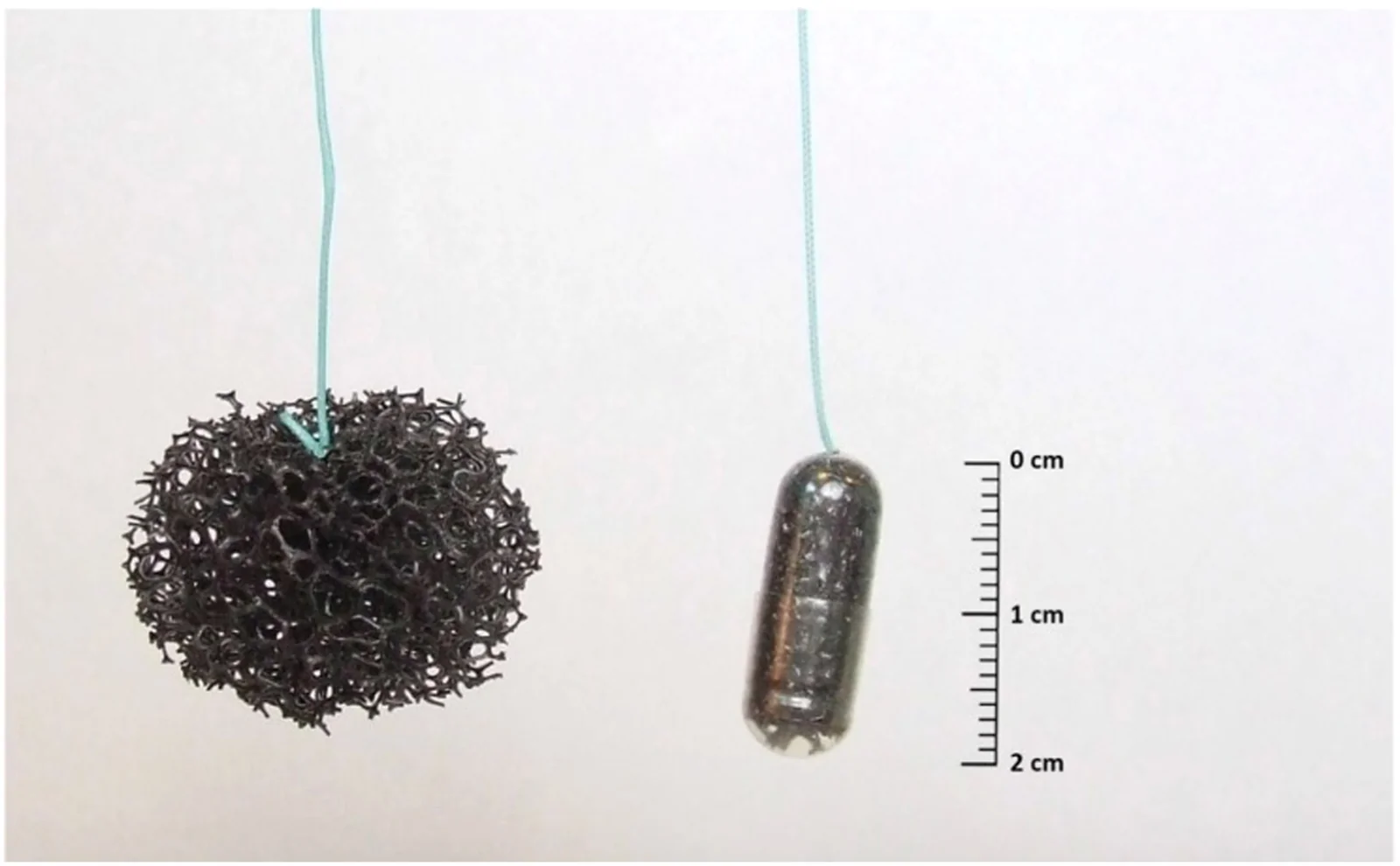 Figure 1. Cytosponge (Medtronic, Minneapolis, MN) in gelatin capsule (right) and expanded (left).