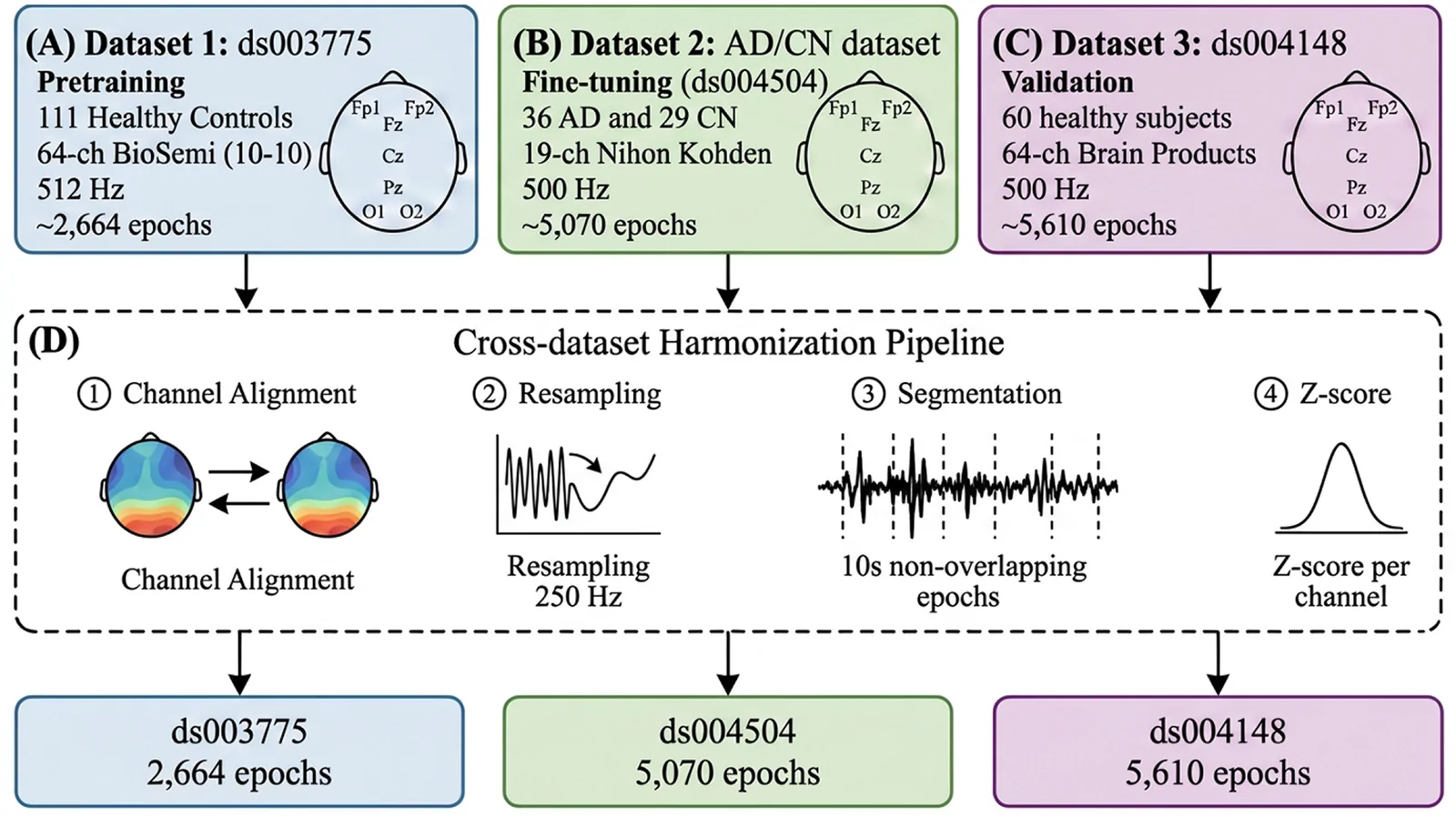 Figure 1. Schematic overview of the three EEG datasets and the cross-dataset harmonization pipeline.