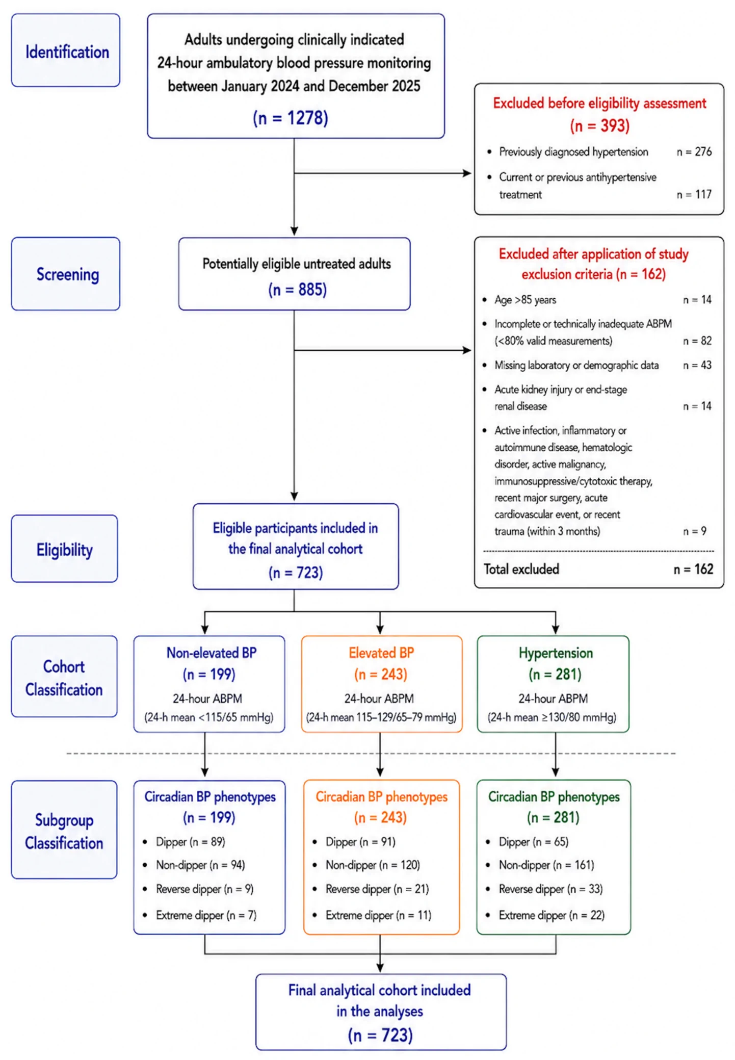Figure 1. STROBE flow diagram illustrating participant selection, cohort derivation, ambulatory blood pressure classification, and circadian blood pressure phenotyping.