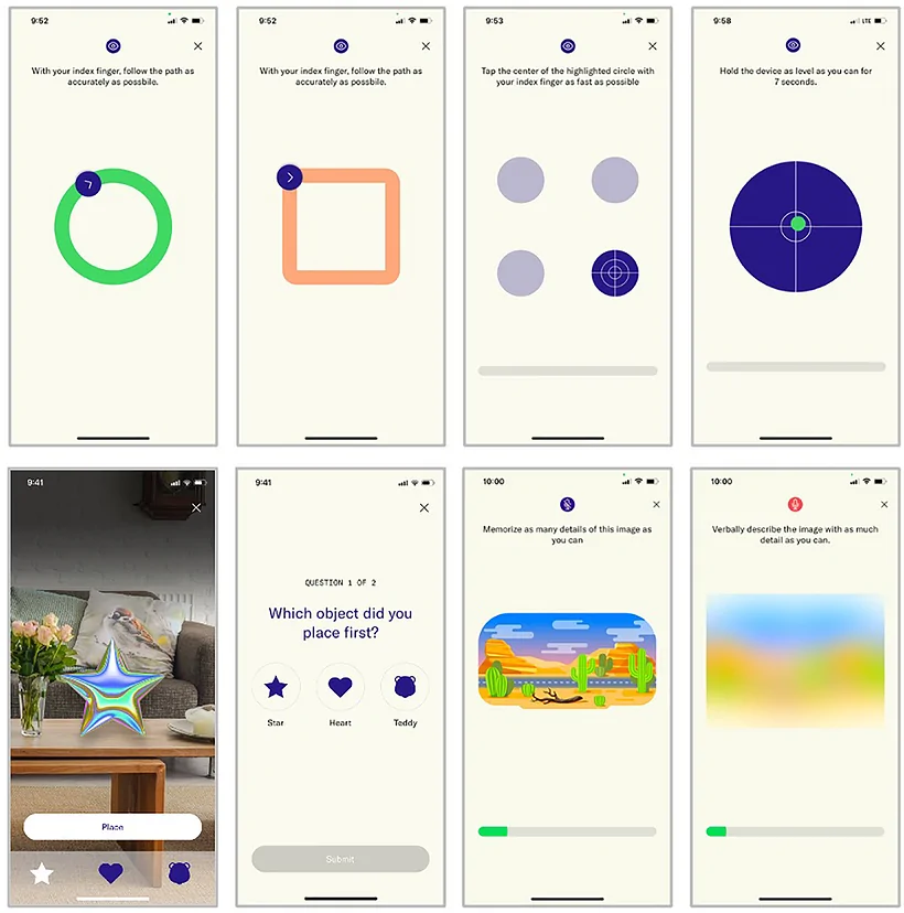 Figure 1. Examples of representative screenshots from the task battery of the Altoida NeuroMarker Platform illustrating motoric (top panels), augmented reality (AR, bottom left), and speech tasks (bottom…