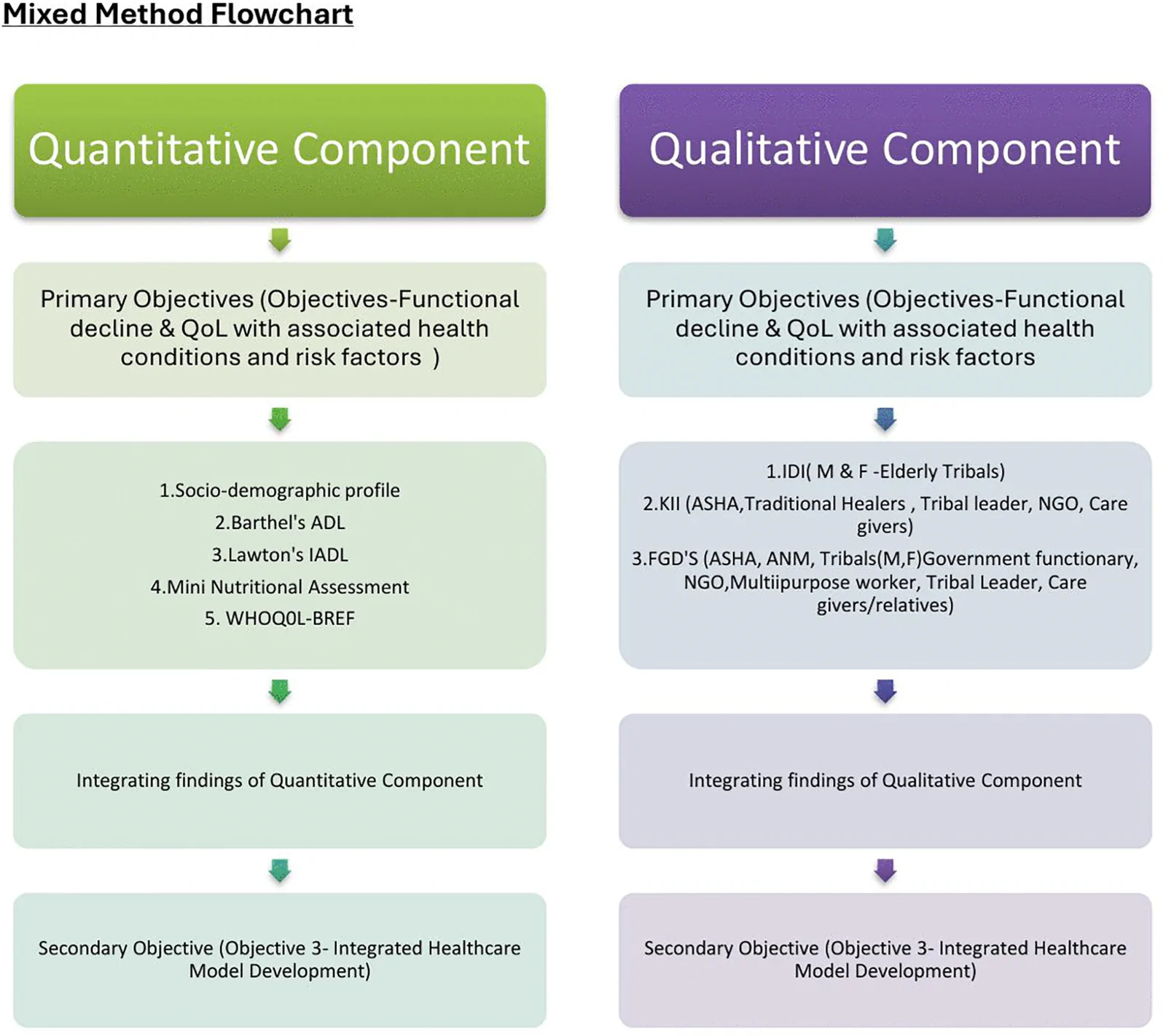 Fig 1. Overview of the concurrent mixed-methods study design integrating quantitative and qualitative components for assessing functional decline and quality of life, informing the development of a…
