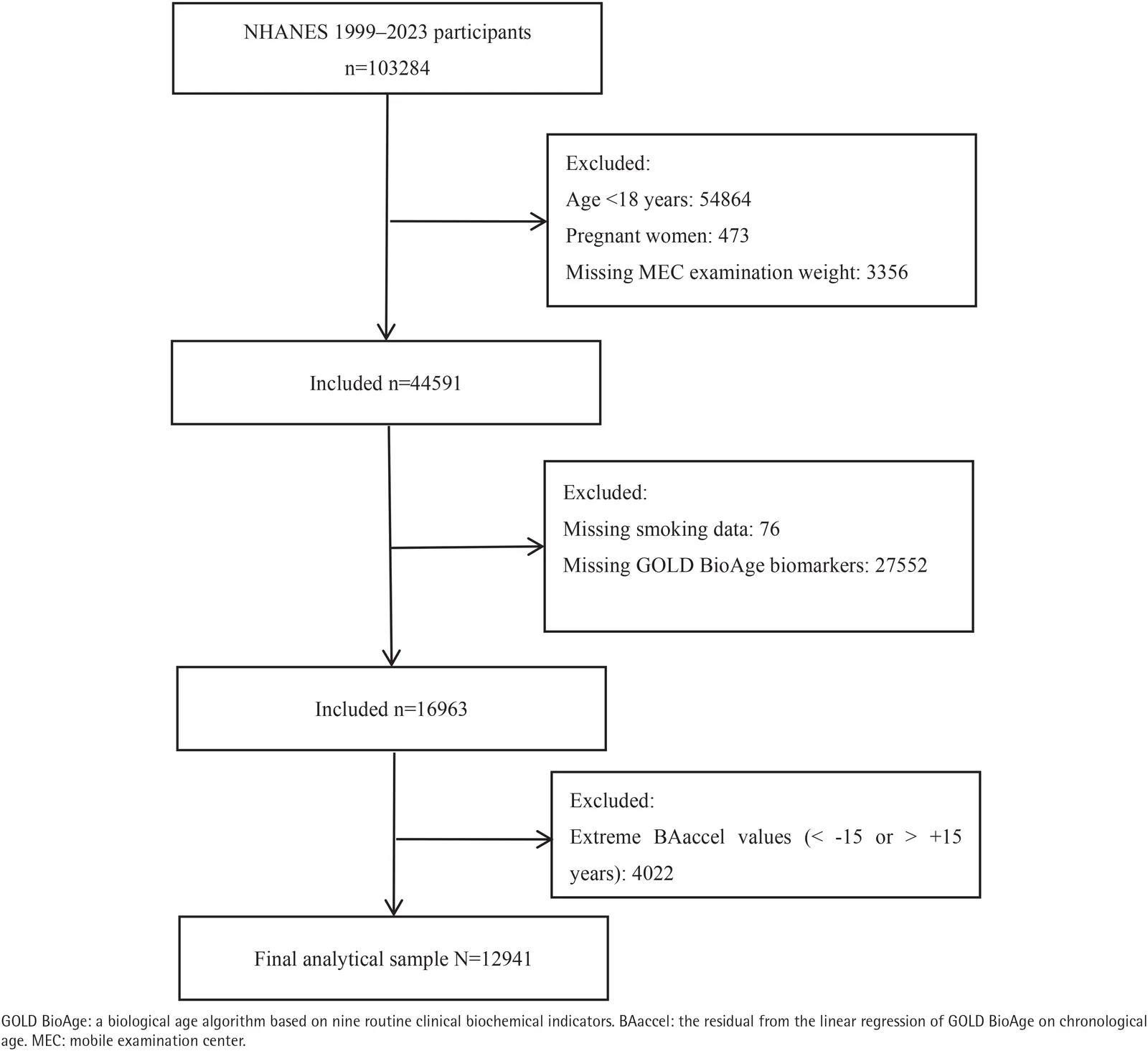 Figure 1. Flow chart of study population selection, NHANES 1999–2023 (N=12941)