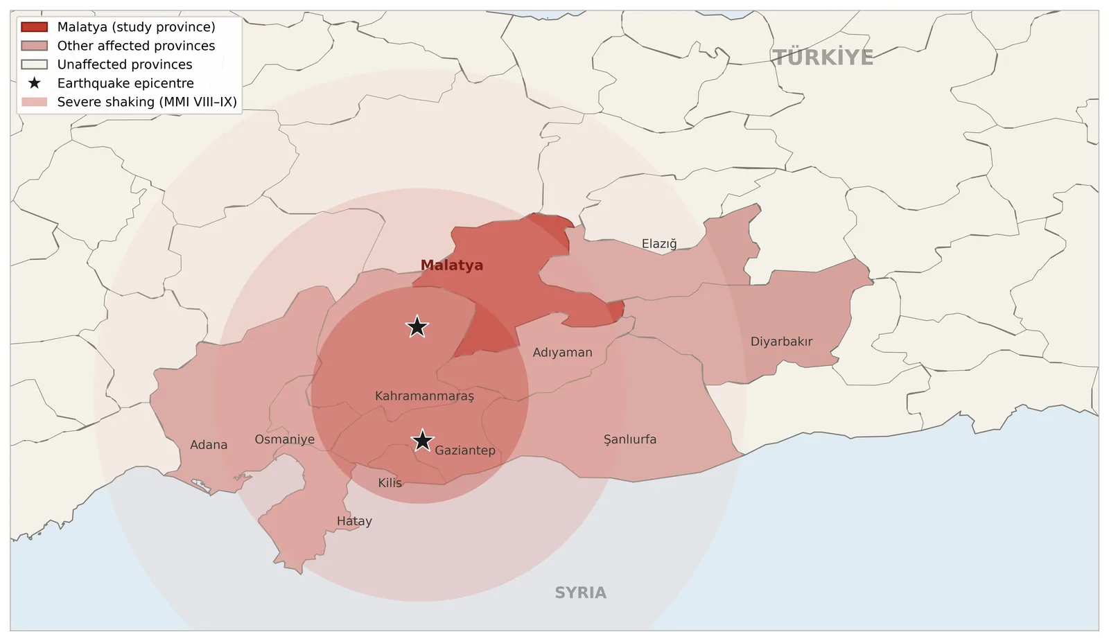 Figure 1. Study area. South-eastern Türkiye showing the 11 provinces affected by the 6 February 2023 Kahramanmaraş earthquakes, with Malatya (the study province) highlighted in dark red.