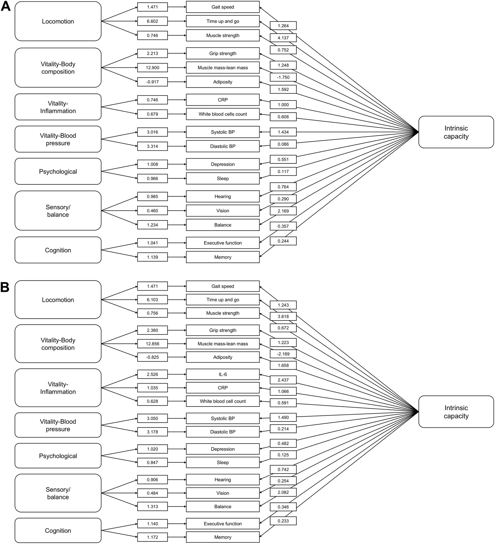 Fig. 1. Bifactor model of intrinsic capacity (IC) showing item loadings on the general and subdomain factors.