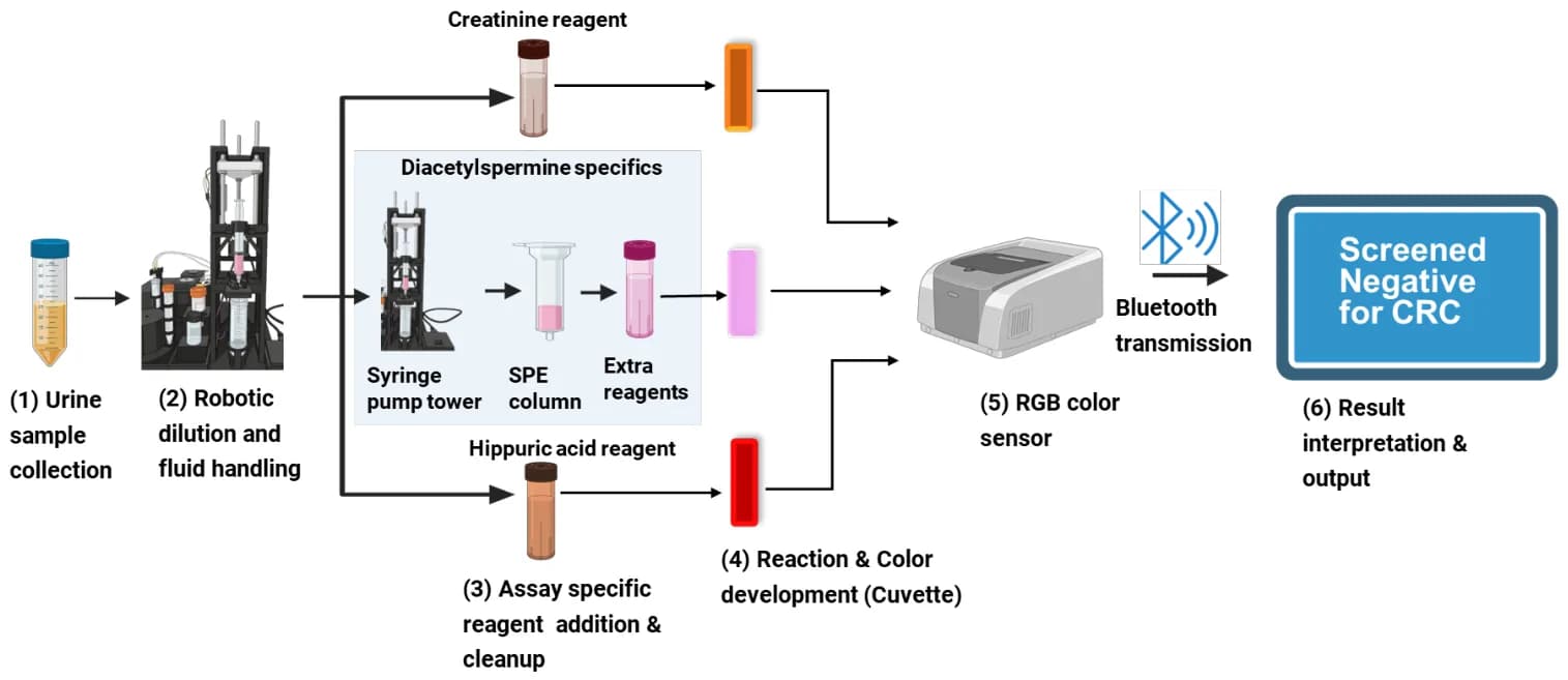 Integrated semi-automated workflow of the PoC biosensor platform, showing robotic dilution and fluid handling, assay-specific processing, quantitative RGB measurement, Bluetooth control, and…