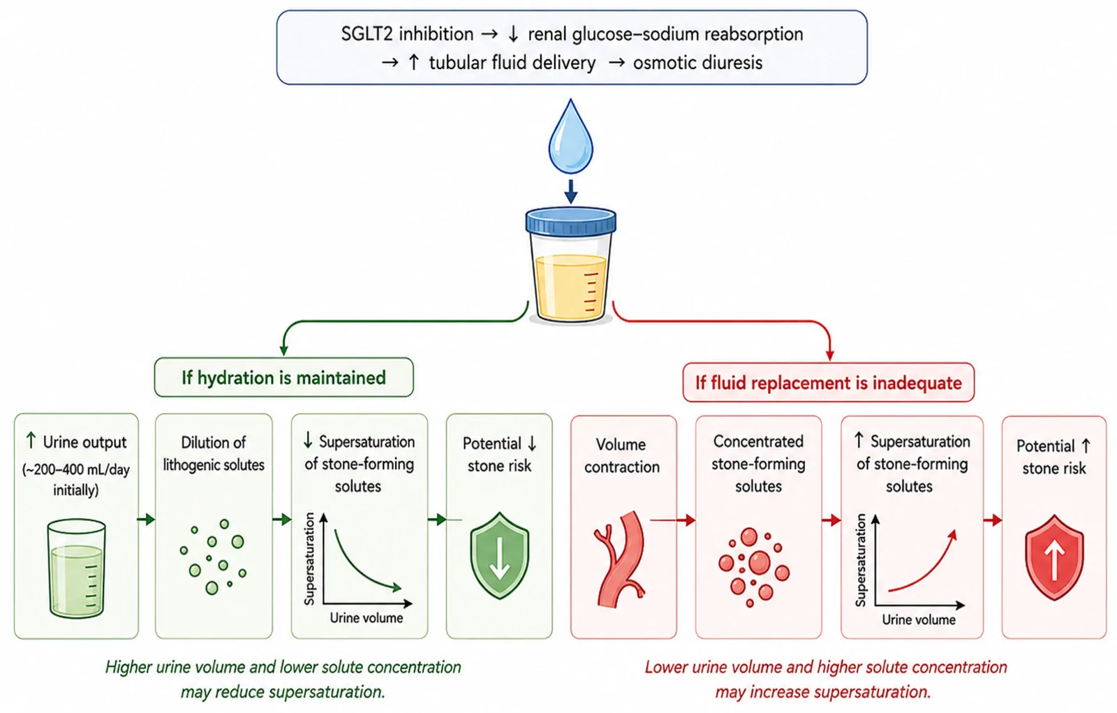 Figure 1. Hydration-dependent effects of SGLT2 inhibitor-associated osmotic diuresis on urinary concentration and stone risk.