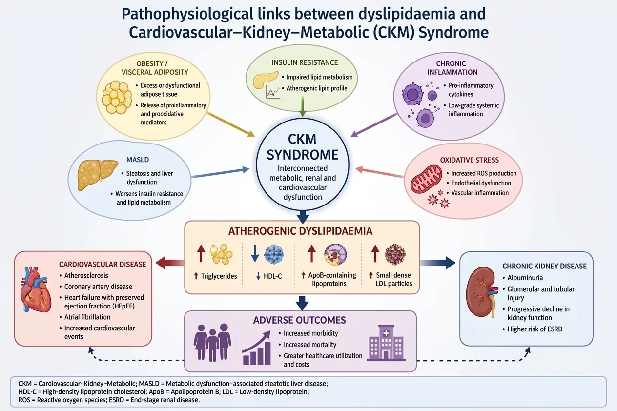 Figure 1. Pathophysiological links between dyslipidaemia and cardiovascular–kidney–metabolic (CKM) syndrome.