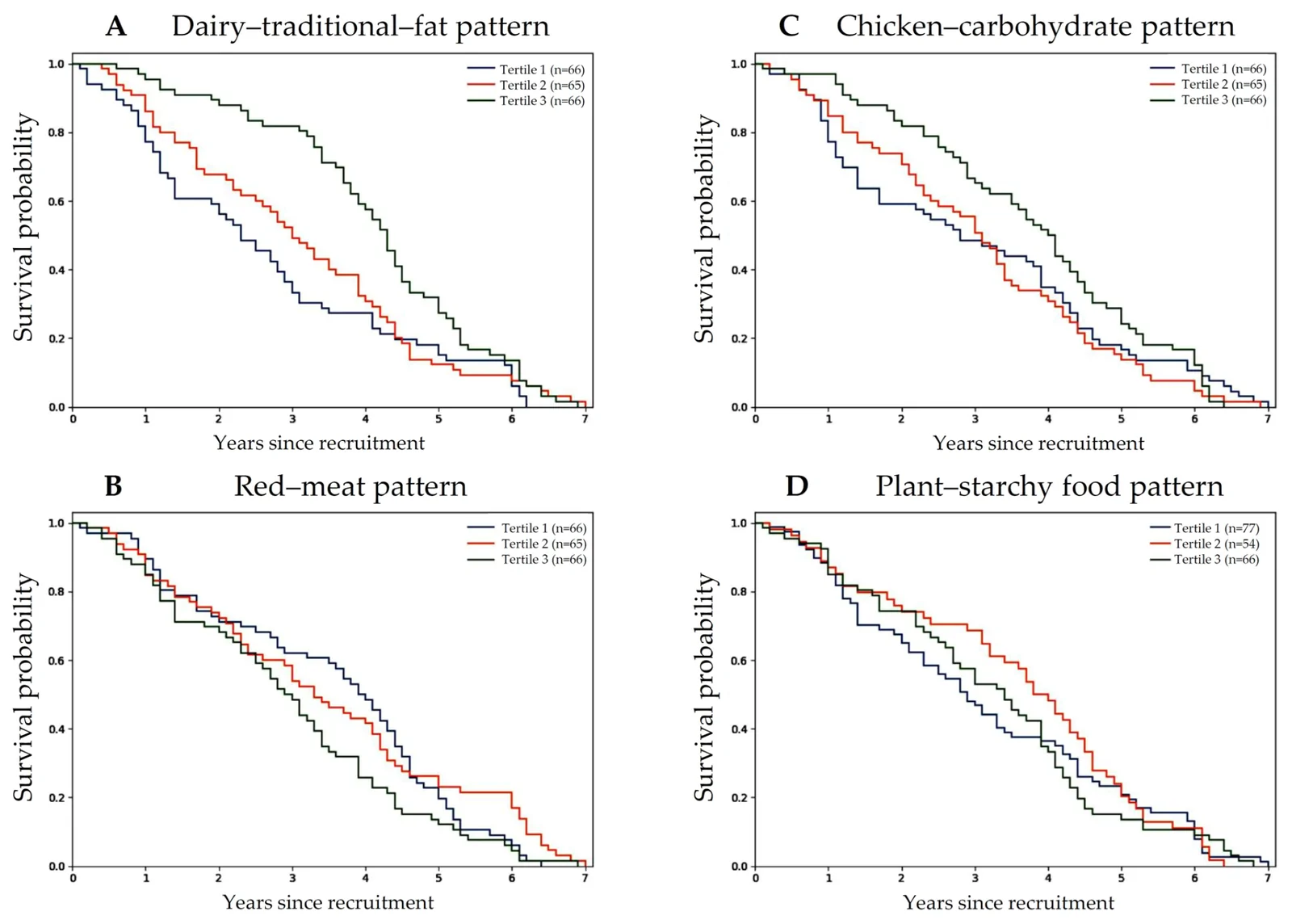 Kaplan–Meier survival curves according to tertiles of dietary-pattern scores.