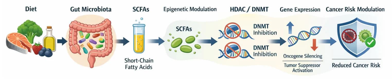 Figure 1. Nutrigenomics–Microbiome–Epigenome Axis in cancer risk modulation.