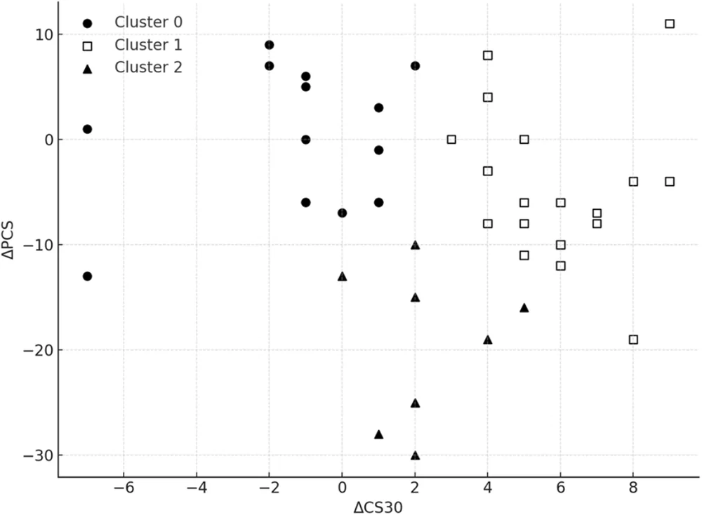 Figure 1. Cluster Classification of PNE‐PA Responders Based on Changes in Chair‐Stand Performance (ΔCS30) and Pain Catastrophizing (ΔPCS).