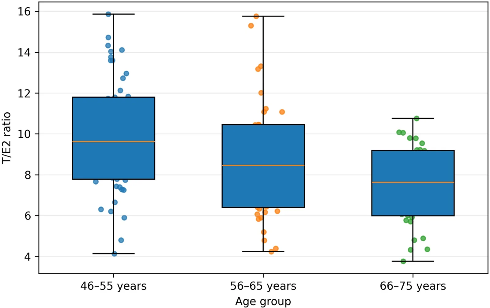 Distribution of the T/E2 ratio by age group.