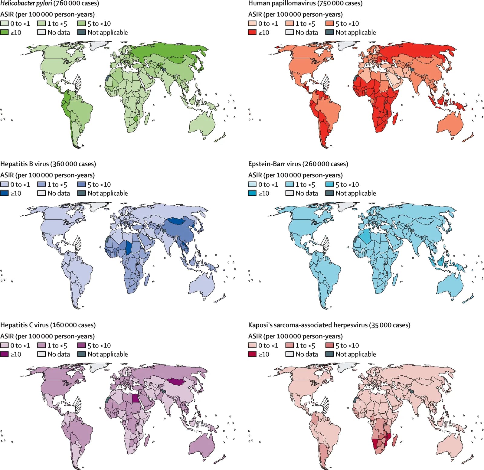 Figure 1. ASIR of infection-attributable cancers per 100 000 person-years in 2024 for the six infectious agents with the most attributable cases Number of cases displayed in parentheses.