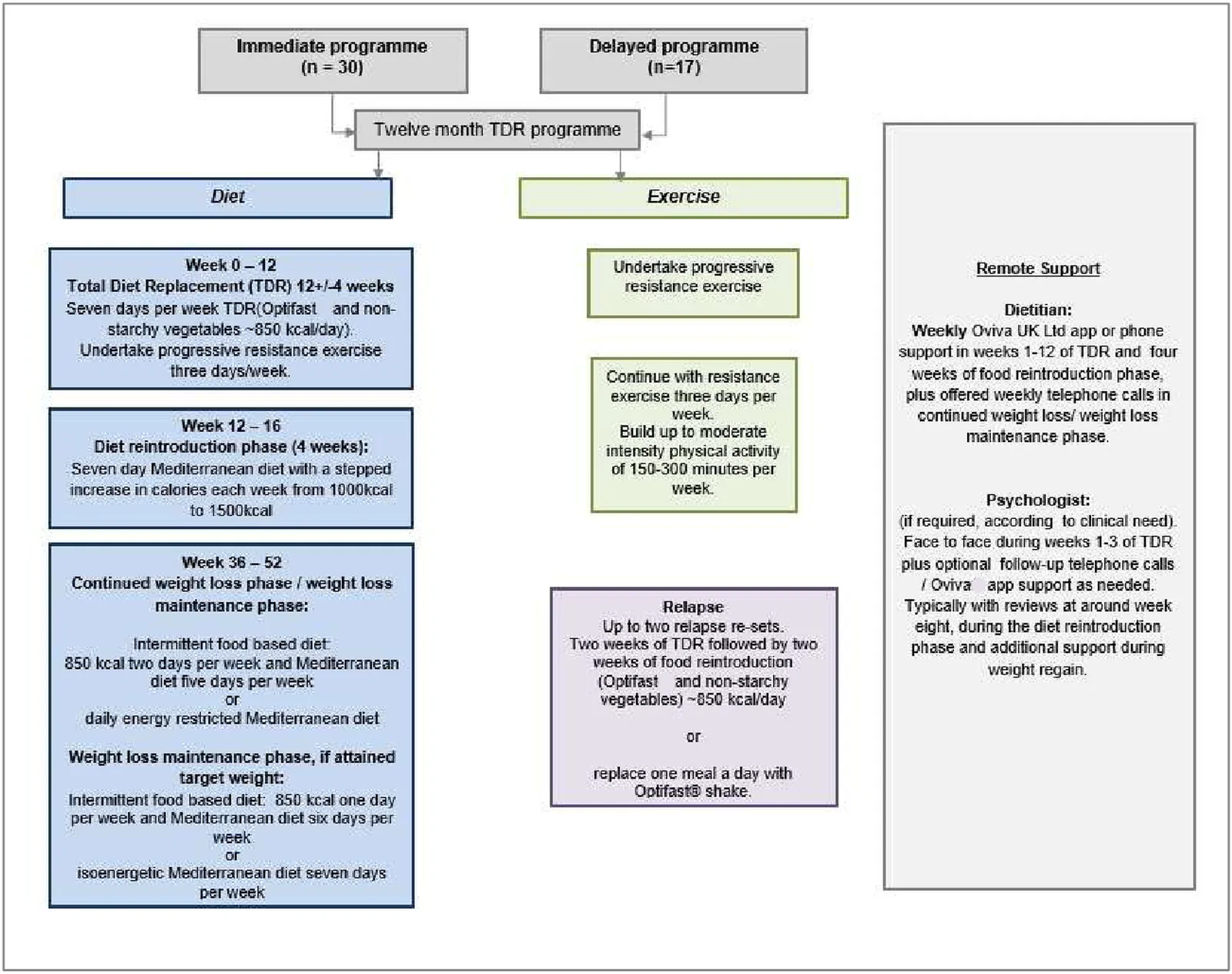 Figure 1. Schematic of 12-month TDR-based programme including dietary phases, relapse management, recommended exercise and remote support.