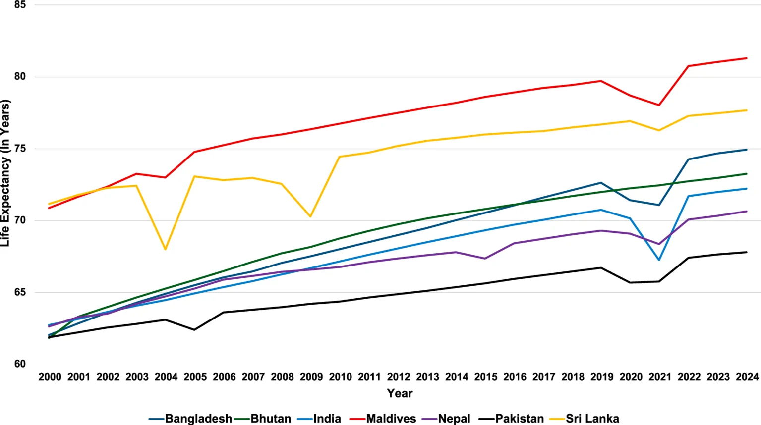 Figure 1. Life expectancy trends among selected South Asian countries (2000–2024).