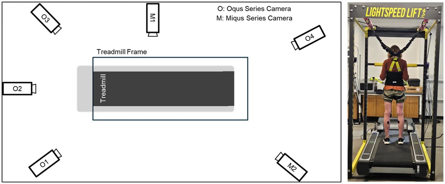 Left: schematic representation of Qualisys Oqus and Miqus cameras arrangement (one directly in front, 2 angled to the front and sides, 1 to the right side of the treadmill, and 2 angled at the back…