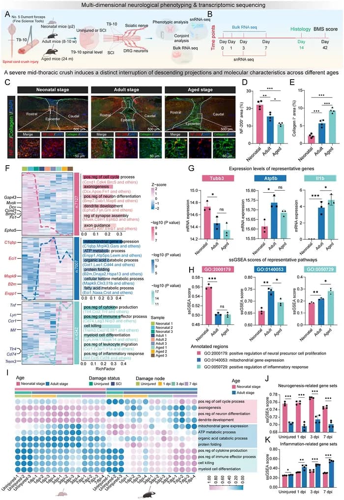 Figure 1. Differences in SCI repair in neonatal, adult and aged mice and the molecular mechanisms.