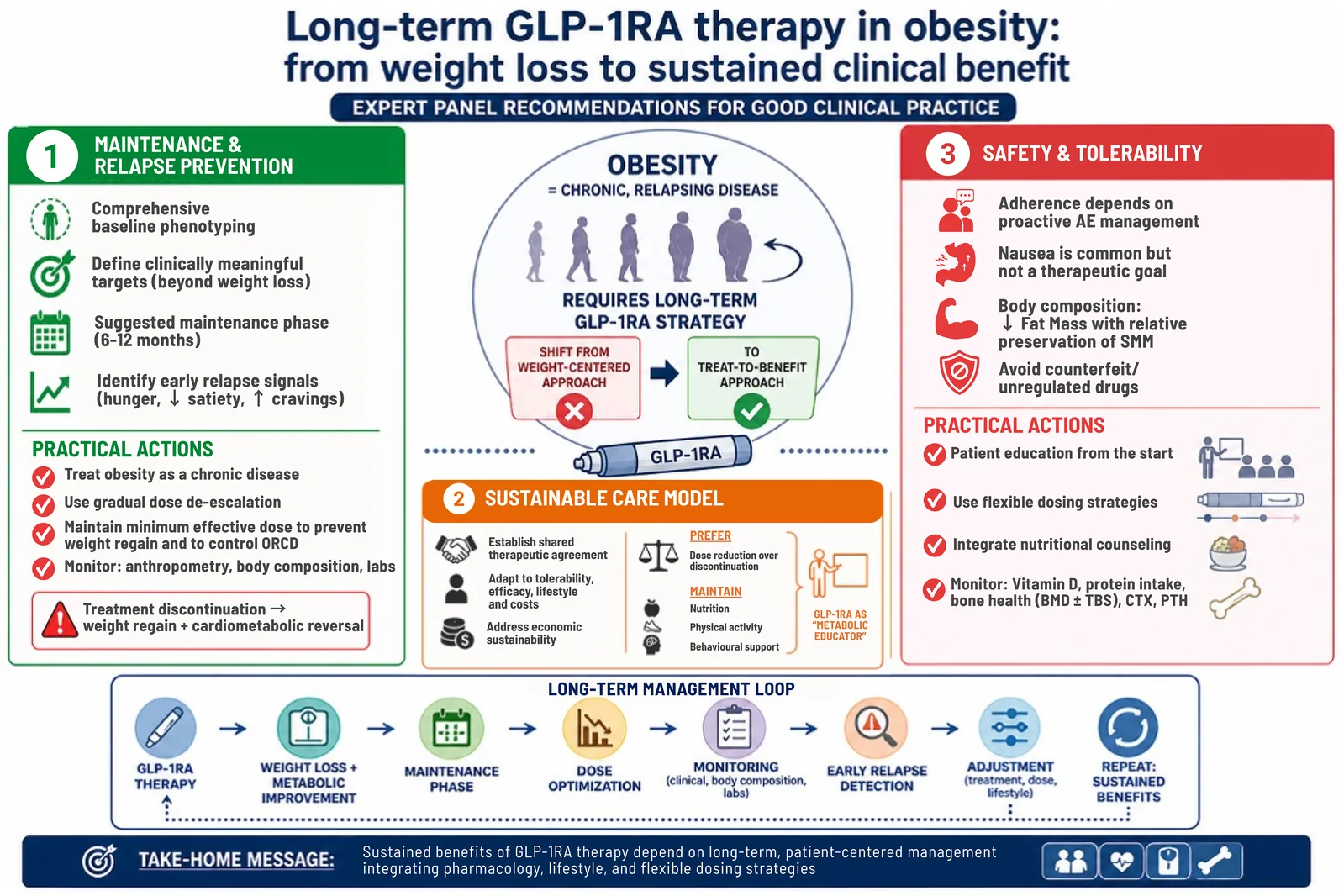 Figure 1. Summary of main recommendations from the expert panel for the long-term management of obesity with GLP-1 receptor agonists.