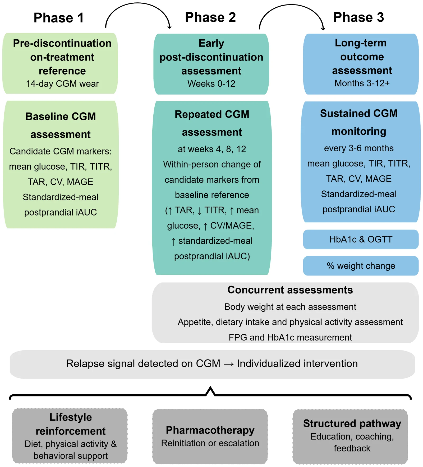 Figure 1. Hypothesis-generating research framework for CGM assessment after discontinuation of incretin-based obesity pharmacotherapy.