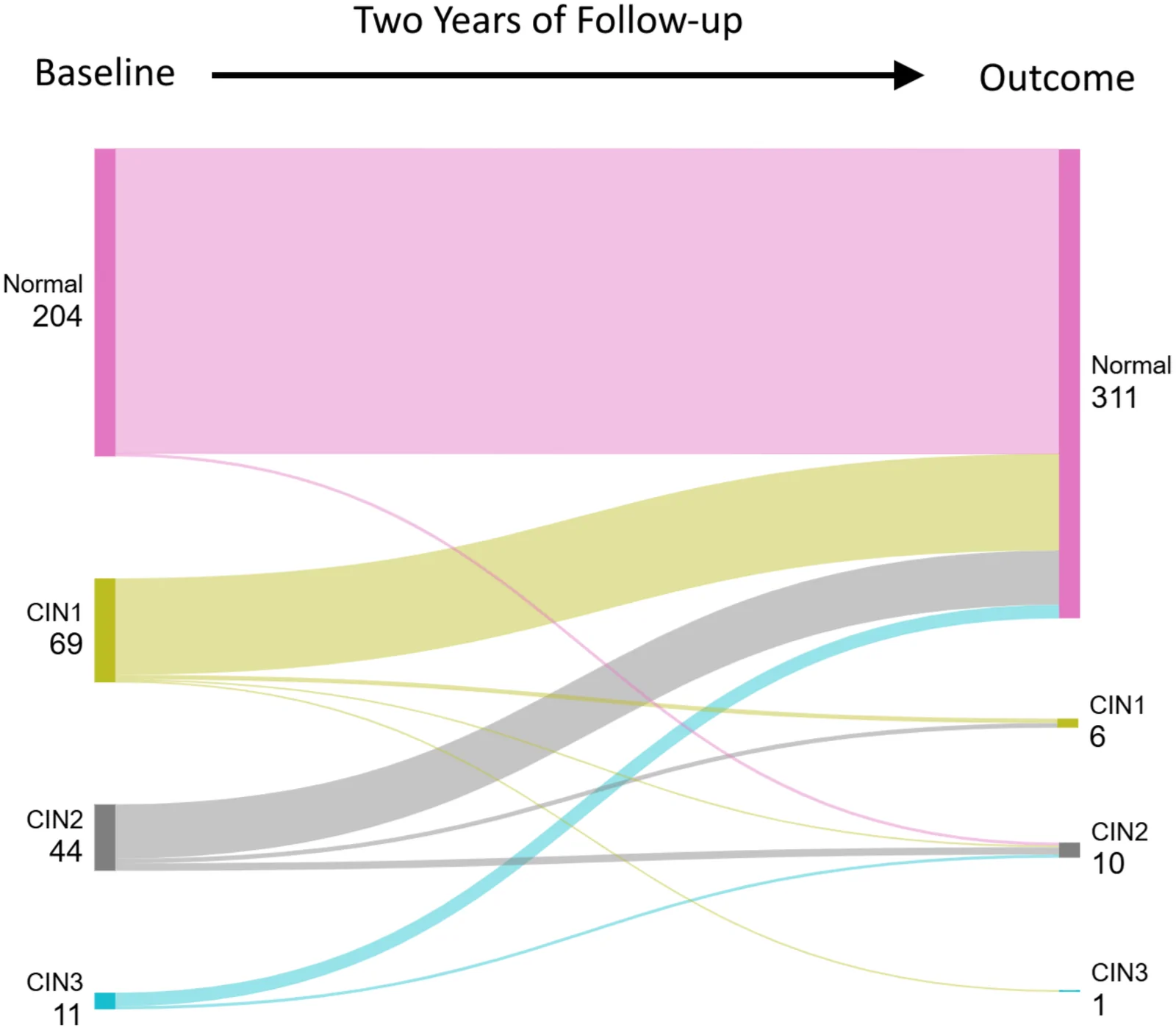Figure 1. Transitions in cervical lesion status over a two-year follow-up period.