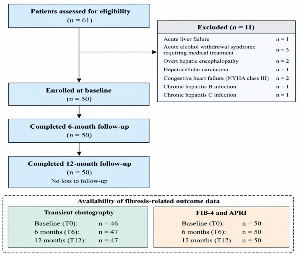 Figure 1. Participant flow through screening, enrollment, and 12-month follow-up, with availability of non-invasive fibrosis-related marker data.