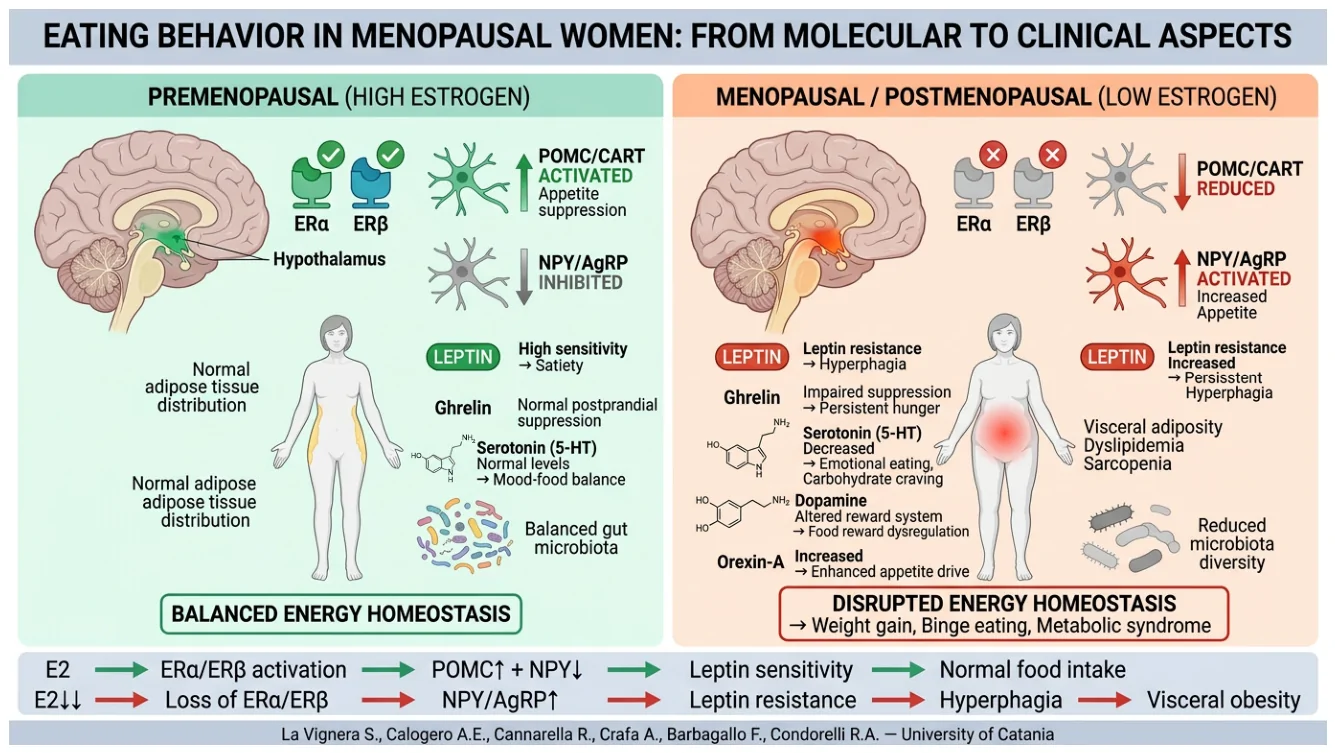 Figure 1. Schematic representation of the principal molecular and clinical changes in eating behavior during the menopausal transition.