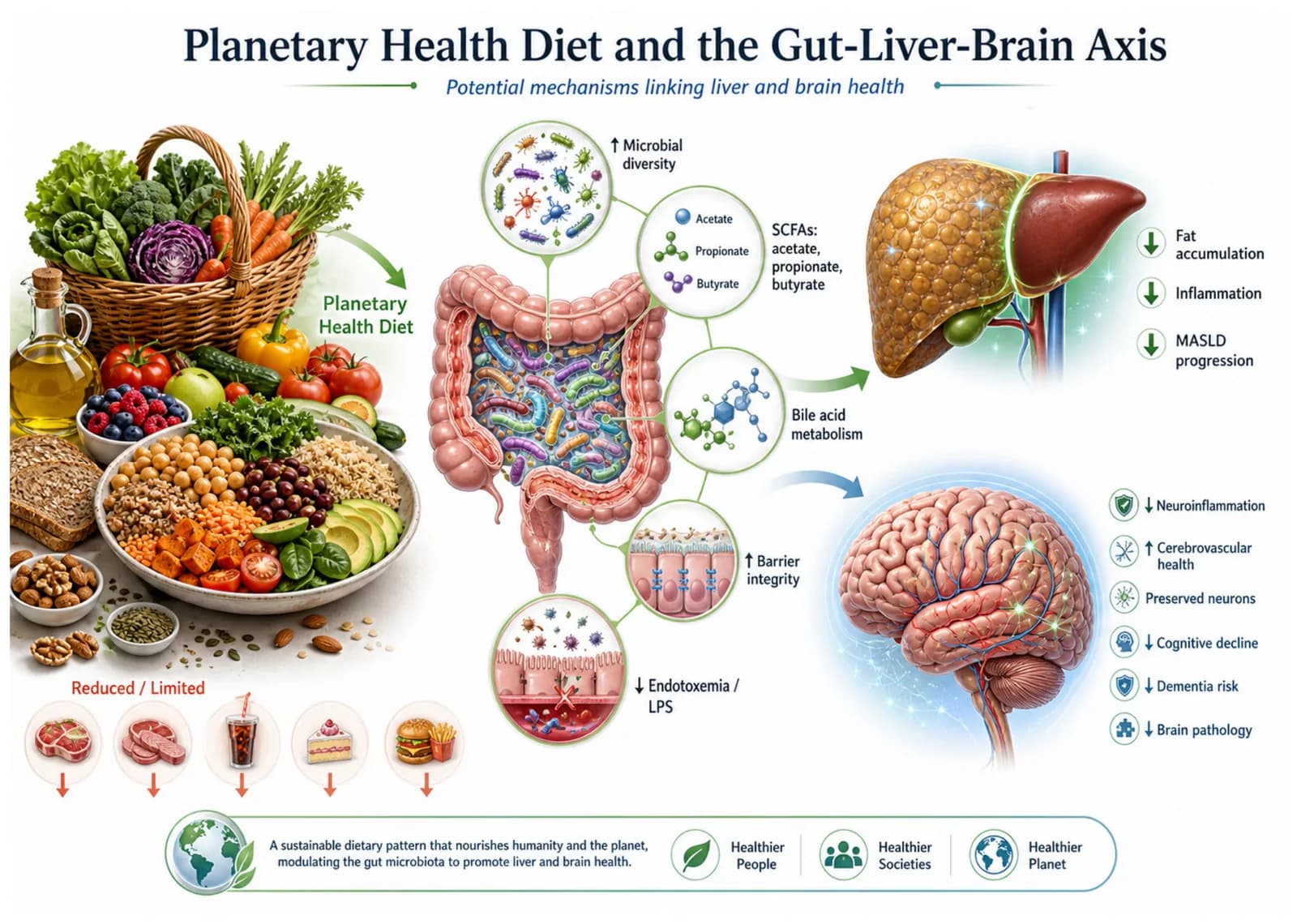 Figure 1. Overall conceptual framework of the Planetary Health Diet, MASLD, cognitive aging, and the gut–liver–brain axis.