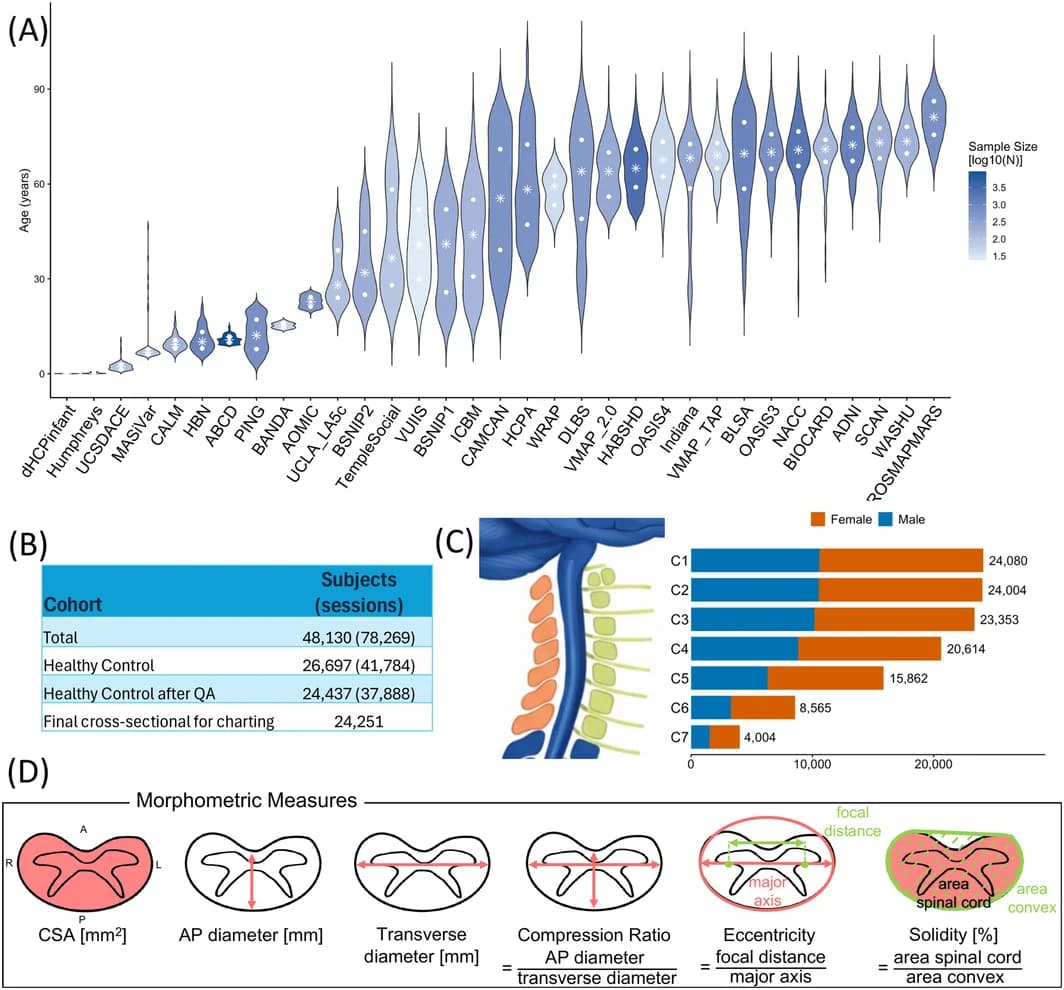 Overview of study cohorts and extracted spinal cord morphometry.
