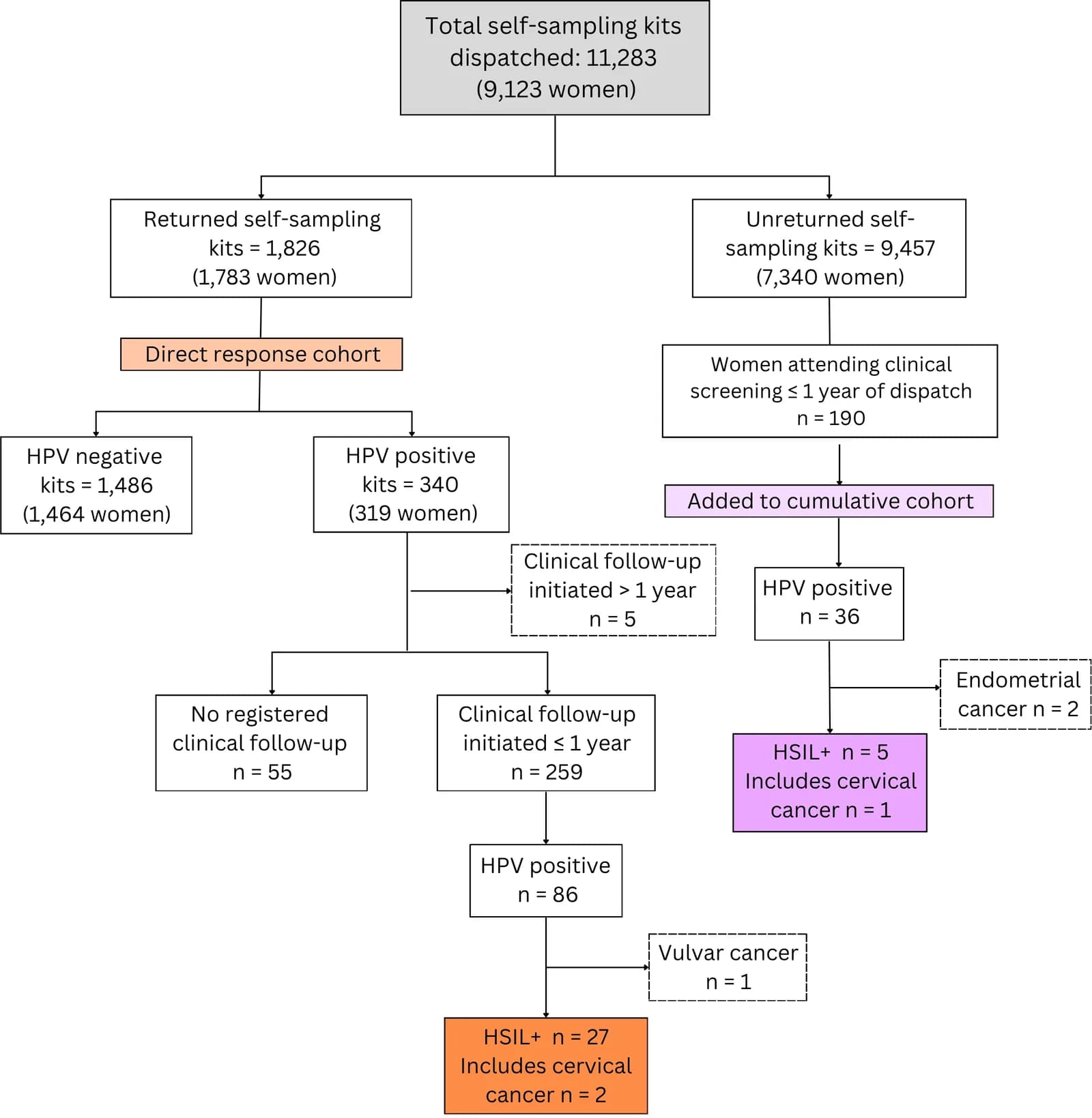 Flow chart. A total of five individuals with delayed follow-up (>1 year) and three non-cervical cancers were excluded from the clinical yield and resource use calculations (indicated by dashed boxes).