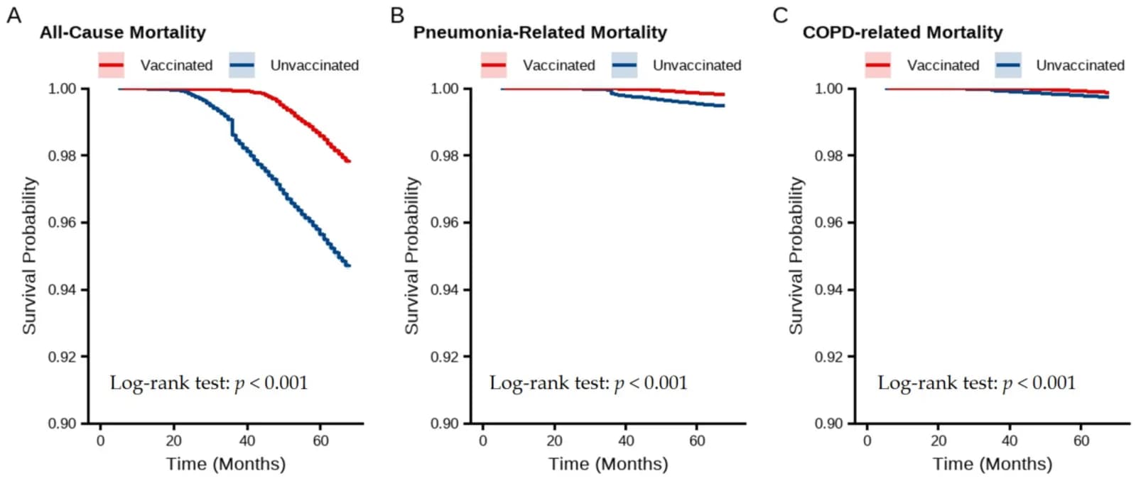 Kaplan–Meier Survival Curves for PPSV23 Vaccination in relation to (A) all-cause mortality, (B) pneumonia-related mortality, and (C) COPD-related Mortality.