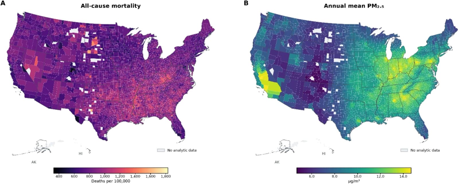 Figure 1. Geographic distribution of all-cause mortality and annual mean PM2.5 across U.S. counties.