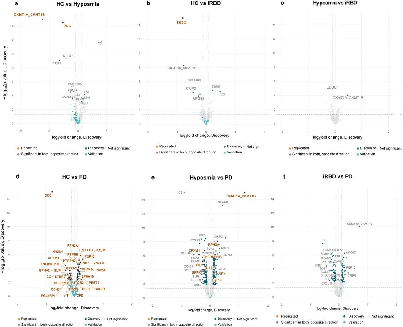 Cross-cohort replication of differential CSF protein abundance.