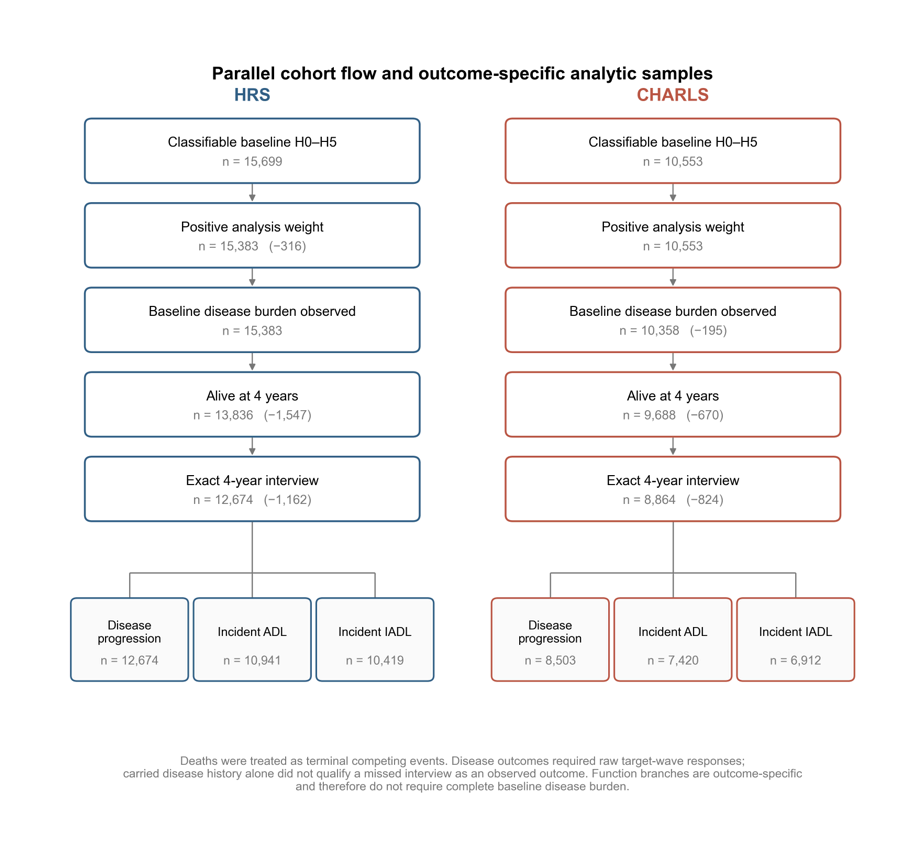Figure 1. Participant flow in parallel CHARLS and HRS analyses.