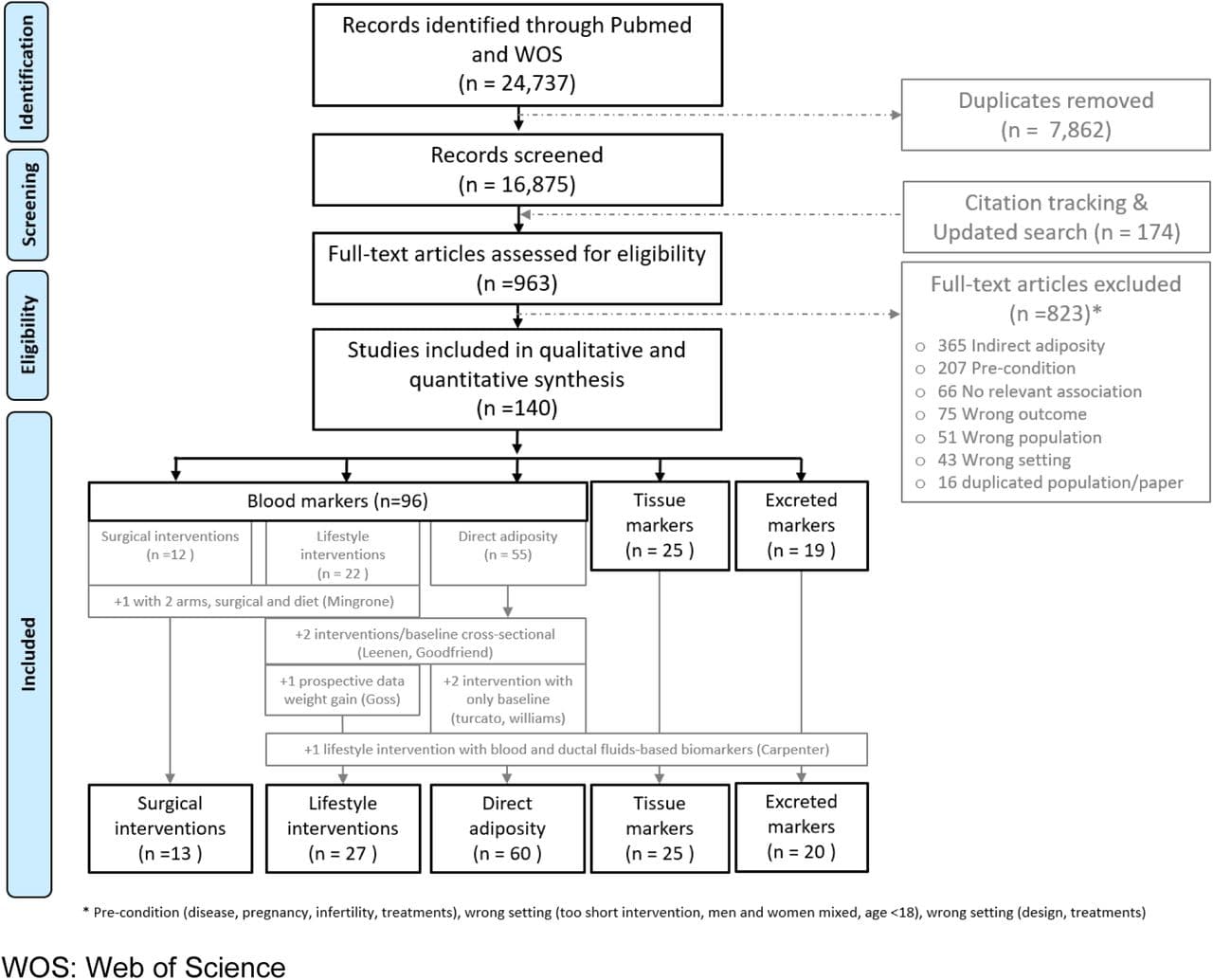PRISMA diagram on the systematic literature review on association between body fatness and sex steroid hormones.