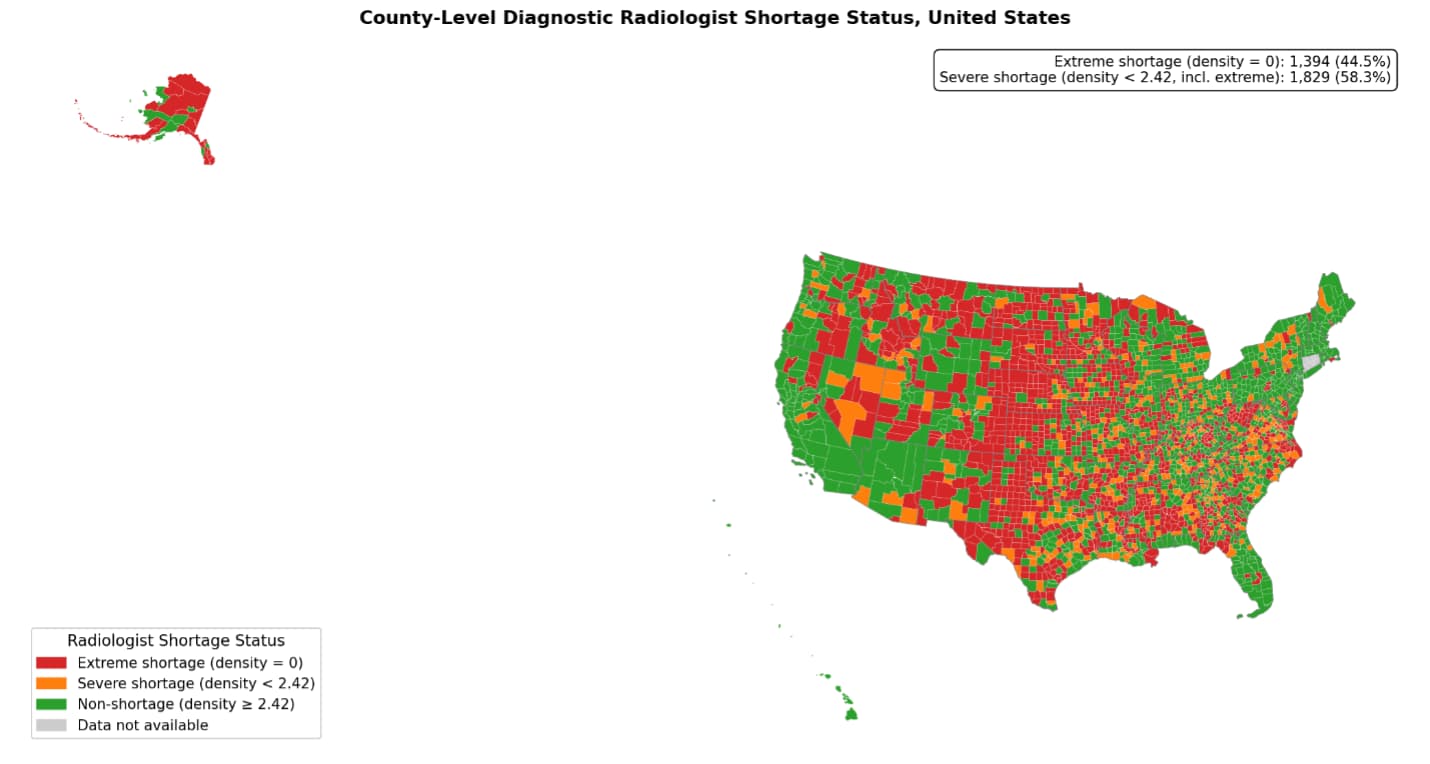 Figure 1. County-level diagnostic radiologist workforce density classification across the United States.