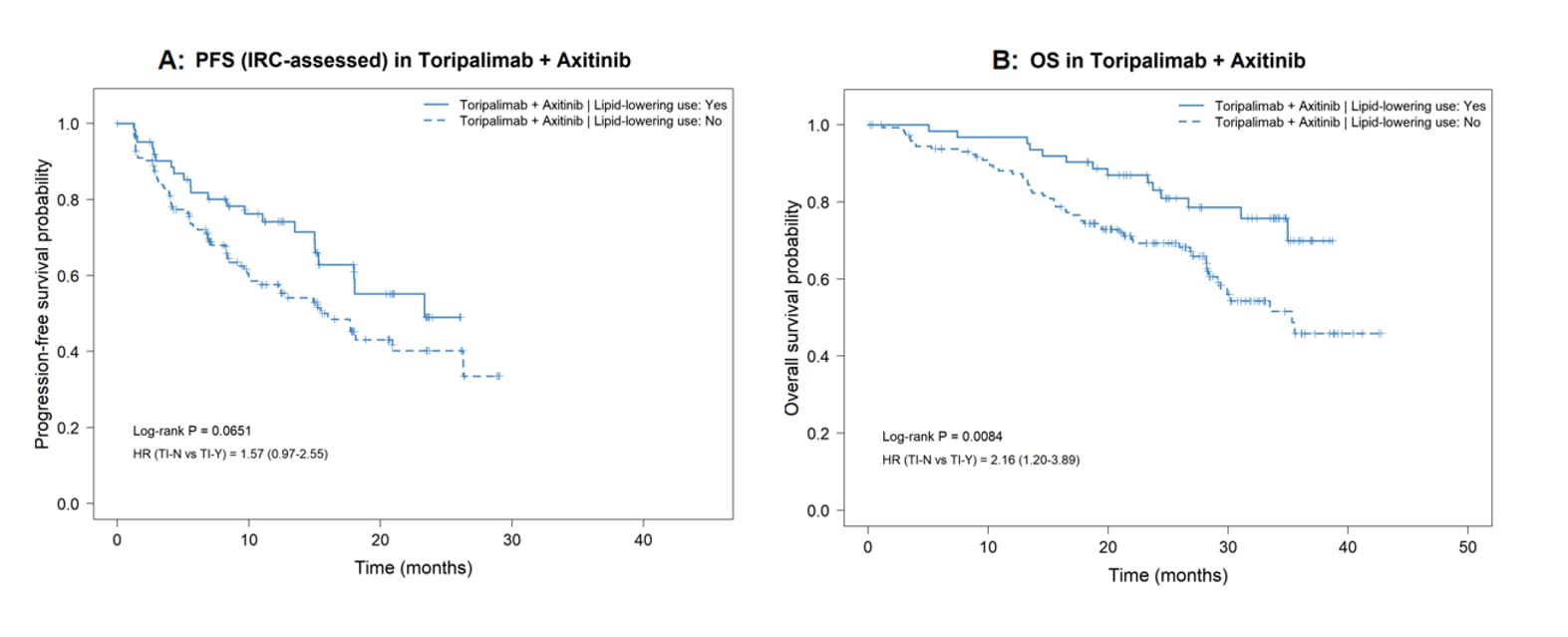 Figure 1. Survival outcomes according to lipid-lowering therapy use in the toripalimab plus axitinib group.
